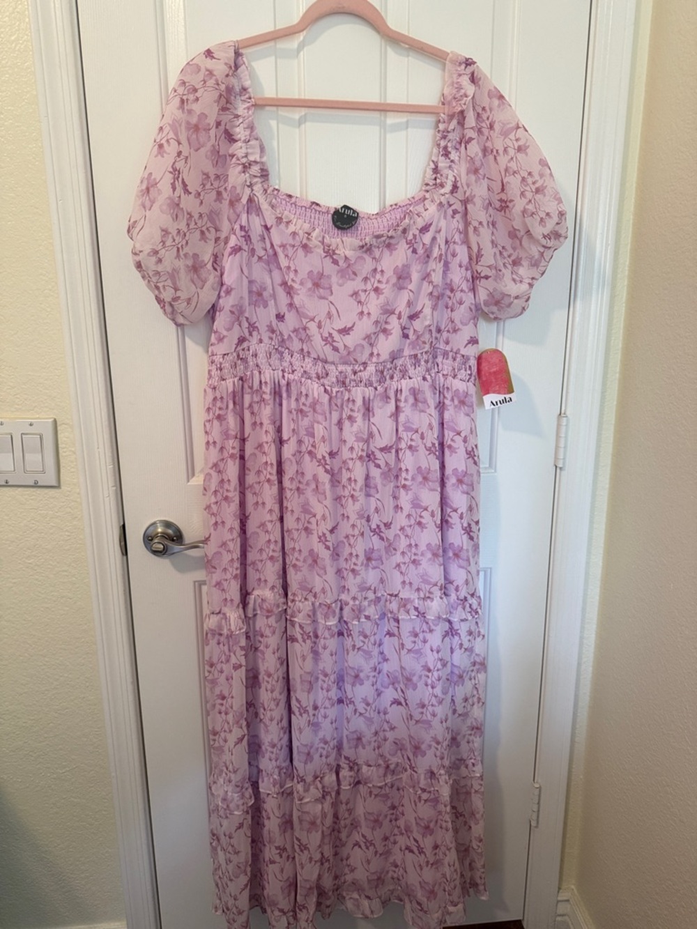 ARULA Lavender Floral Puff-Sleeve Tiered Dress